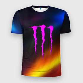 Мужская футболка 3D Slim с принтом Monster energy gradient color в Белгороде, 100% полиэстер с улучшенными характеристиками | приталенный силуэт, круглая горловина, широкие плечи, сужается к линии бедра | 