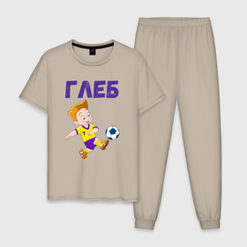 Мужская пижама хлопок с принтом Глеб мальчик футболист в Петрозаводске, 100% хлопок | брюки и футболка прямого кроя, без карманов, на брюках мягкая резинка на поясе и по низу штанин
 | 