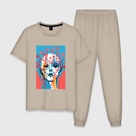 Мужская пижама хлопок с принтом Абстрактный женский портрет в Екатеринбурге, 100% хлопок | брюки и футболка прямого кроя, без карманов, на брюках мягкая резинка на поясе и по низу штанин
 | 