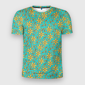 Мужская футболка 3D Slim с принтом Желтый растительный орнамент на бирюзовом фоне в Петрозаводске, 100% полиэстер с улучшенными характеристиками | приталенный силуэт, круглая горловина, широкие плечи, сужается к линии бедра | 
