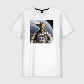 Мужская футболка хлопок Slim с принтом Жираф астронавт в Курске, 92% хлопок, 8% лайкра | приталенный силуэт, круглый вырез ворота, длина до линии бедра, короткий рукав | 