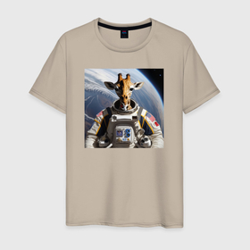 Мужская футболка хлопок с принтом Жираф астронавт в Санкт-Петербурге, 100% хлопок | прямой крой, круглый вырез горловины, длина до линии бедер, слегка спущенное плечо. | 
