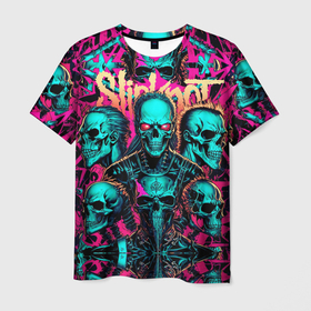 Мужская футболка 3D с принтом Slipknot на фоне рок черепов в Рязани, 100% полиэфир | прямой крой, круглый вырез горловины, длина до линии бедер | 