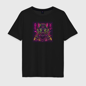 Мужская футболка хлопок Oversize с принтом Неоновый кот самурай , 100% хлопок | свободный крой, круглый ворот, “спинка” длиннее передней части | Тематика изображения на принте: 