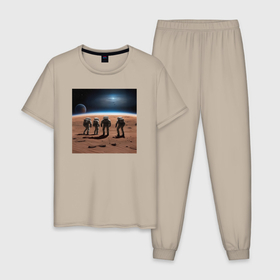 Мужская пижама хлопок с принтом На марсе в Новосибирске, 100% хлопок | брюки и футболка прямого кроя, без карманов, на брюках мягкая резинка на поясе и по низу штанин
 | 