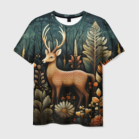 Мужская футболка 3D с принтом Лесной олень в стиле фолк арт , 100% полиэфир | прямой крой, круглый вырез горловины, длина до линии бедер | 
