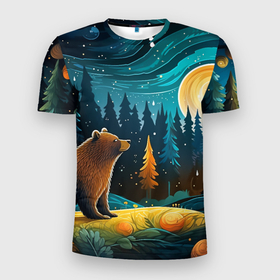 Мужская футболка 3D Slim с принтом Хозяин тайги: медведь в лесу в Петрозаводске, 100% полиэстер с улучшенными характеристиками | приталенный силуэт, круглая горловина, широкие плечи, сужается к линии бедра | 