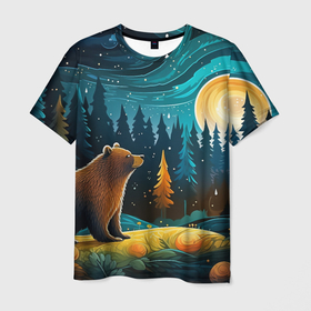 Мужская футболка 3D с принтом Хозяин тайги: медведь в лесу в Петрозаводске, 100% полиэфир | прямой крой, круглый вырез горловины, длина до линии бедер | Тематика изображения на принте: 