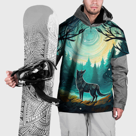 Накидка на куртку 3D с принтом Волк в ночном лесу фолк арт , 100% полиэстер |  | 