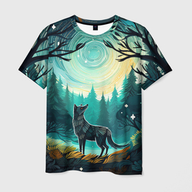 Мужская футболка 3D с принтом Волк в ночном лесу фолк арт , 100% полиэфир | прямой крой, круглый вырез горловины, длина до линии бедер | 