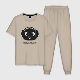 Мужская пижама хлопок с принтом Голова совы в наушниках в Тюмени, 100% хлопок | брюки и футболка прямого кроя, без карманов, на брюках мягкая резинка на поясе и по низу штанин
 | 