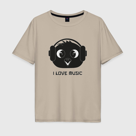 Мужская футболка хлопок Oversize с принтом Голова совы в наушниках в Тюмени, 100% хлопок | свободный крой, круглый ворот, “спинка” длиннее передней части | 