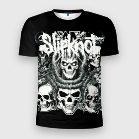 Мужская футболка 3D Slim с принтом Slipknot и черепушки в Кировске, 100% полиэстер с улучшенными характеристиками | приталенный силуэт, круглая горловина, широкие плечи, сужается к линии бедра | 
