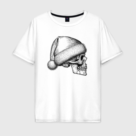 Мужская футболка хлопок Oversize с принтом Новогодний череп в профиль в Санкт-Петербурге, 100% хлопок | свободный крой, круглый ворот, “спинка” длиннее передней части | 