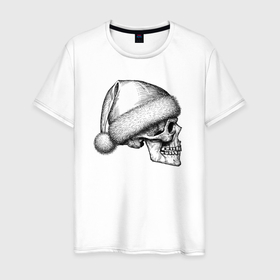Мужская футболка хлопок с принтом Новогодний череп в профиль в Кировске, 100% хлопок | прямой крой, круглый вырез горловины, длина до линии бедер, слегка спущенное плечо. | 