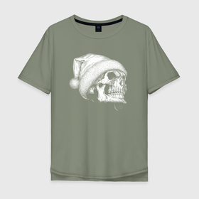 Мужская футболка хлопок Oversize с принтом Новогодний череп вид внизу в Санкт-Петербурге, 100% хлопок | свободный крой, круглый ворот, “спинка” длиннее передней части | 