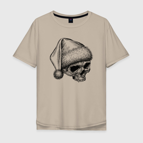 Мужская футболка хлопок Oversize с принтом Новогодний череп вампира в Екатеринбурге, 100% хлопок | свободный крой, круглый ворот, “спинка” длиннее передней части | Тематика изображения на принте: 