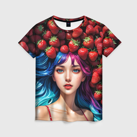 Женская футболка 3D с принтом Девушка утопает в клубнике в Белгороде, 100% полиэфир ( синтетическое хлопкоподобное полотно) | прямой крой, круглый вырез горловины, длина до линии бедер | 