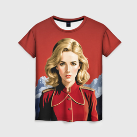 Женская футболка 3D с принтом Девушка в красной униформе в Белгороде, 100% полиэфир ( синтетическое хлопкоподобное полотно) | прямой крой, круглый вырез горловины, длина до линии бедер | 