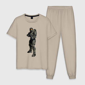 Мужская пижама хлопок с принтом Мастер Чиф в Тюмени, 100% хлопок | брюки и футболка прямого кроя, без карманов, на брюках мягкая резинка на поясе и по низу штанин
 | 