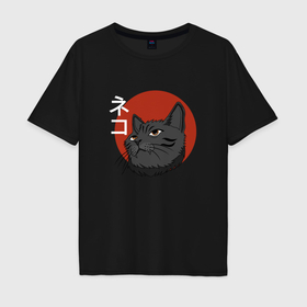 Мужская футболка хлопок Oversize с принтом Китайский кот в Петрозаводске, 100% хлопок | свободный крой, круглый ворот, “спинка” длиннее передней части | 