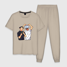 Мужская пижама хлопок с принтом Сатору и Гето   Магическая битва в Екатеринбурге, 100% хлопок | брюки и футболка прямого кроя, без карманов, на брюках мягкая резинка на поясе и по низу штанин
 | 