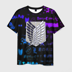 Мужская футболка 3D с принтом Неоновые лого атака титанов , 100% полиэфир | прямой крой, круглый вырез горловины, длина до линии бедер | 