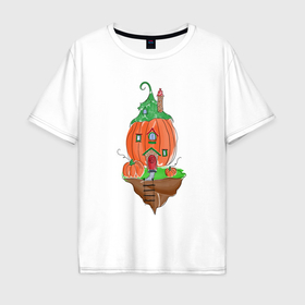 Мужская футболка хлопок Oversize с принтом Тыквенный домик на летающем острове в Екатеринбурге, 100% хлопок | свободный крой, круглый ворот, “спинка” длиннее передней части | 