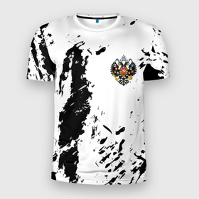 Мужская футболка 3D Slim с принтом Россия спорт краски герб в Курске, 100% полиэстер с улучшенными характеристиками | приталенный силуэт, круглая горловина, широкие плечи, сужается к линии бедра | 