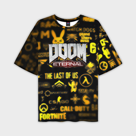 Мужская футболка oversize 3D с принтом Doom золотые логотипы игр в Кировске,  |  | Тематика изображения на принте: 