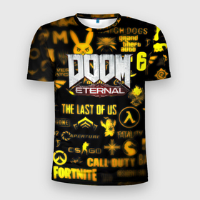 Мужская футболка 3D Slim с принтом Doom золотые логотипы игр в Кировске, 100% полиэстер с улучшенными характеристиками | приталенный силуэт, круглая горловина, широкие плечи, сужается к линии бедра | Тематика изображения на принте: 