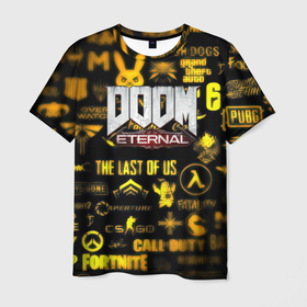 Мужская футболка 3D с принтом Doom золотые логотипы игр в Кировске, 100% полиэфир | прямой крой, круглый вырез горловины, длина до линии бедер | Тематика изображения на принте: 