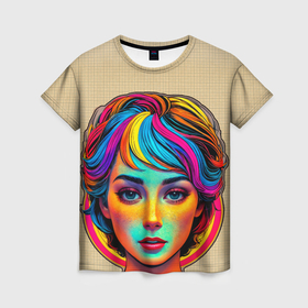 Женская футболка 3D с принтом Девушка с разноцветными волосами на клетчатом фоне в Белгороде, 100% полиэфир ( синтетическое хлопкоподобное полотно) | прямой крой, круглый вырез горловины, длина до линии бедер | 