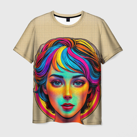 Мужская футболка 3D с принтом Девушка с разноцветными волосами на клетчатом фоне в Тюмени, 100% полиэфир | прямой крой, круглый вырез горловины, длина до линии бедер | 