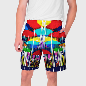 Мужские шорты 3D с принтом Mirror pattern of umbrellas   pop art в Новосибирске,  полиэстер 100% | прямой крой, два кармана без застежек по бокам. Мягкая трикотажная резинка на поясе, внутри которой широкие завязки. Длина чуть выше колен | 