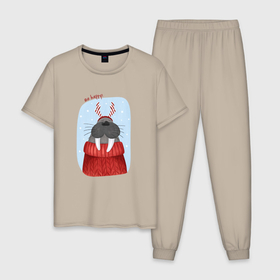 Мужская пижама хлопок с принтом Счастливый морж в Новосибирске, 100% хлопок | брюки и футболка прямого кроя, без карманов, на брюках мягкая резинка на поясе и по низу штанин
 | 