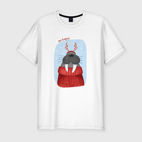 Мужская футболка хлопок Slim с принтом Счастливый морж в Новосибирске, 92% хлопок, 8% лайкра | приталенный силуэт, круглый вырез ворота, длина до линии бедра, короткий рукав | 