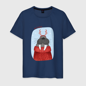 Мужская футболка хлопок с принтом Счастливый морж , 100% хлопок | прямой крой, круглый вырез горловины, длина до линии бедер, слегка спущенное плечо. | 