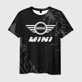 Мужская футболка 3D с принтом Mini speed на темном фоне со следами шин в Кировске, 100% полиэфир | прямой крой, круглый вырез горловины, длина до линии бедер | Тематика изображения на принте: 
