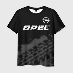 Мужская футболка 3D с принтом Opel speed на темном фоне со следами шин: символ сверху в Курске, 100% полиэфир | прямой крой, круглый вырез горловины, длина до линии бедер | 