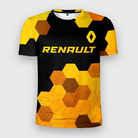 Мужская футболка 3D Slim с принтом Renault   gold gradient: символ сверху в Тюмени, 100% полиэстер с улучшенными характеристиками | приталенный силуэт, круглая горловина, широкие плечи, сужается к линии бедра | 