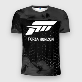 Мужская футболка 3D Slim с принтом Forza Horizon glitch на темном фоне в Тюмени, 100% полиэстер с улучшенными характеристиками | приталенный силуэт, круглая горловина, широкие плечи, сужается к линии бедра | 