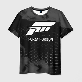 Мужская футболка 3D с принтом Forza Horizon glitch на темном фоне в Новосибирске, 100% полиэфир | прямой крой, круглый вырез горловины, длина до линии бедер | 