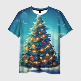 Мужская футболка 3D с принтом Новогодняя  елка , 100% полиэфир | прямой крой, круглый вырез горловины, длина до линии бедер | 
