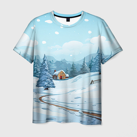 Мужская футболка 3D с принтом Новый год  пейзаж в Екатеринбурге, 100% полиэфир | прямой крой, круглый вырез горловины, длина до линии бедер | 