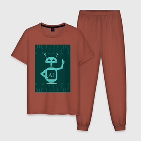 Мужская пижама хлопок с принтом Андроид на фоне чипа в Санкт-Петербурге, 100% хлопок | брюки и футболка прямого кроя, без карманов, на брюках мягкая резинка на поясе и по низу штанин
 | Тематика изображения на принте: 