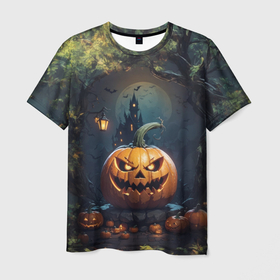 Мужская футболка 3D с принтом Праздничная хэллоуинская тыква , 100% полиэфир | прямой крой, круглый вырез горловины, длина до линии бедер | Тематика изображения на принте: 