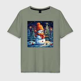 Мужская футболка хлопок Oversize с принтом Снеговик в шапке зимой , 100% хлопок | свободный крой, круглый ворот, “спинка” длиннее передней части | Тематика изображения на принте: 