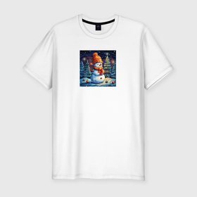 Мужская футболка хлопок Slim с принтом Снеговик в шапке зимой в Курске, 92% хлопок, 8% лайкра | приталенный силуэт, круглый вырез ворота, длина до линии бедра, короткий рукав | 