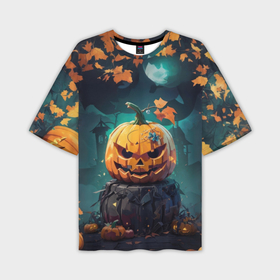 Мужская футболка oversize 3D с принтом Хэллоуинская тыква под луной в Кировске,  |  | 